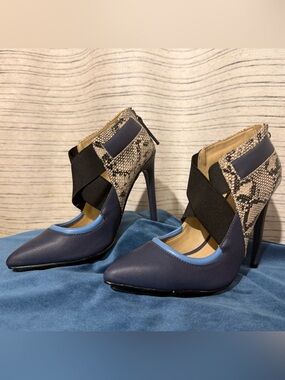 GX by Gwen Stefani Navy Blue Pointed Stiletto Heels with Snake-Print Accent